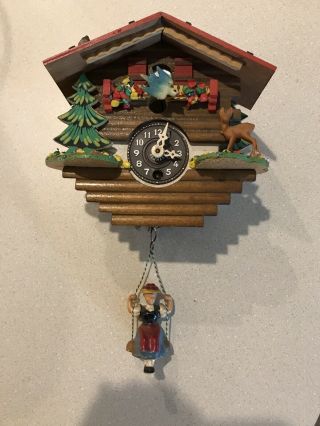Vintage Miniature German Cuckoo Clock Chalet W/ Girl On Swing & Bluebird