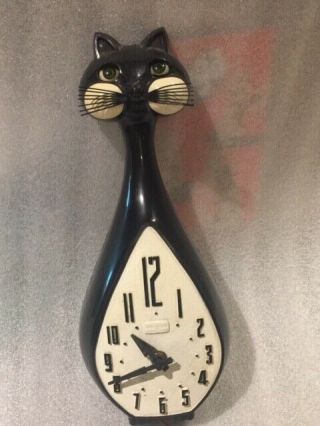Vintage Black & White Spartus Cat Clock Animated Eyes Move Electric Sylvester