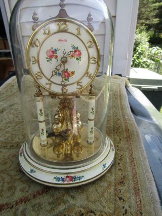 Vintage W.  German Kundo Anniversary Clock Floral Face 9 " Tall Glass Dome