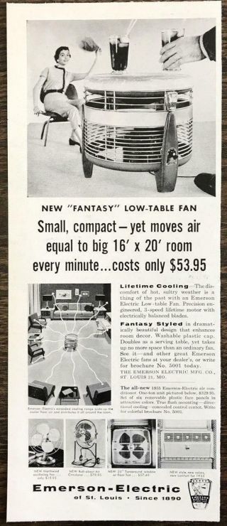 1955 Emerson - Electric Print Ad Fantasy Styled Low - Table Fan