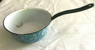 Vintage 8 " Blue & White Mottled Enamel Graniteware Sauce Pan,  Curved Handle