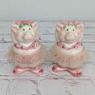 Pig Ceramic Salt And Pepper Shakers Dancing Ballerina In A Pink Tutu Flowers