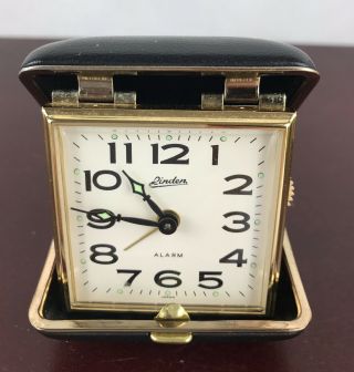 Clock Vintage Linden Windup Travel Alarm Clock Hard Black Leather Case