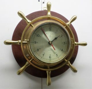 Stunning Brass Wood Glass Ships Captain Wheel Porthole Bell Chiming Wall Clock