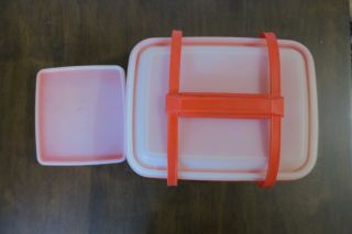 Vintage Tupperware Pak - N - Carry Paprika Orange Lunch Box w/handle & clear lid wit 2