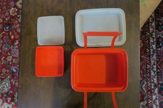 Vintage Tupperware Pak - N - Carry Paprika Orange Lunch Box w/handle & clear lid wit 3