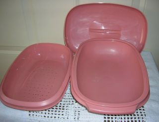 Vintage 3 pc 1273 - 4 TUPPERWARE 6 Cup Microwave Steamer Oval Serving Bowl Salmon 3