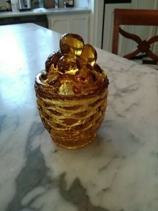 Vintage Amber Glass Condiment Jar Or Jelly Jar Lid Fruit Basket Design