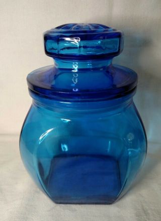 Vintage Cobalt Blue Glass Canister Apothecary Jar With Cover Cookie Candy