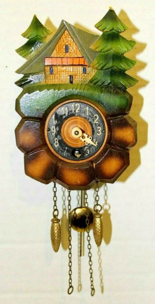 Vintage Mini Wooden Cuckoo Clock Made In Germany With Wind Up Key Rustic Tree