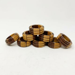 Vintage Wooden Napkin Rings Set Of 8 2 Tone Wood Grooved Ribbed Pattern