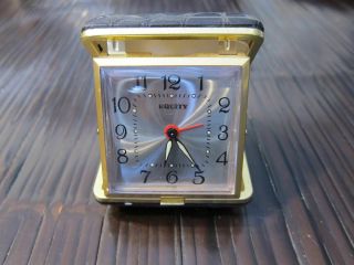 Vintage Equity Folding Wind - Up Travel Alarm Clock Black Case Brass Trim