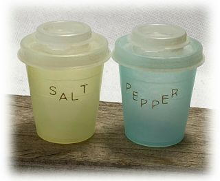 Vintage Tupperware 101 Mini Midget Salt Pepper Shaker Set,  Blue And Yellow
