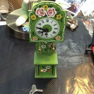 Vintage Miniature Grandfather Clock Adrian Taron Hand Painted Germany W/ Key Gre