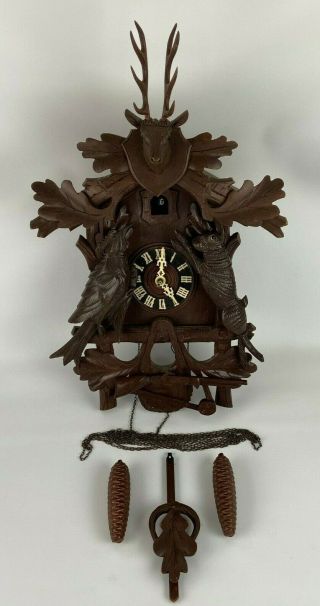 Vintage German Cuckoo Clock Black Forest Hunting Deer Rabbit Bird - Parts/repair