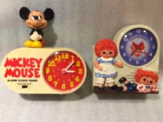 Vintage Mickey Mouse,  Raggedy Ann & Andy Talking Alarm Clock Great Cases