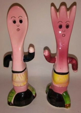 Vintage Anthropomorphic Pink Fork & Spoon Run Away Shakers Orig Corks & Stickers