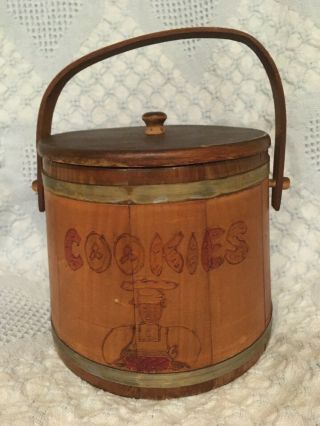 Vintage Wooden Barrel Style Biscuit Cookie Jar With Wood Handle