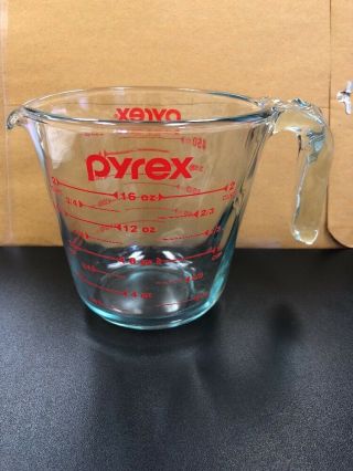 Pyrex Green Tint Clear Glass Red Letter 2 Cup Measuring 16 Oz Measure Open