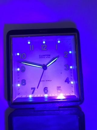 Vintage Swiss Clinton Wind Up Travel Alarm Clock Blue Leather Case Glows Germany