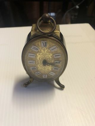 Vintage Linden Alarm Clock Gold Tone Filigree Case Germany Ticking