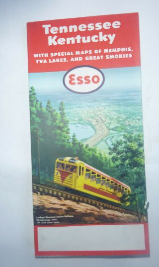 1956 Tennessee Kentucky Road Map Esso Oil Gas Lookout Mountain Incline Railway