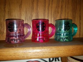 3 Vintage Miniature A & W Root Beer Mug Blue Purple Pink Plastic Bullseye 1 3/4 "