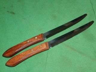 Vintage Pair,  Ekco Steak Knives Stainless Serrated 4.  5 " Blades,  Curved Handles