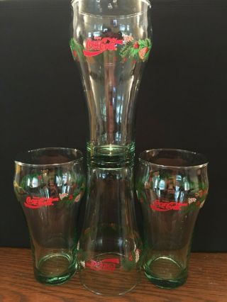 Set Of 4 Coca Cola Coke Christmas Holiday Glasses Pine Cones & Holly Leaves