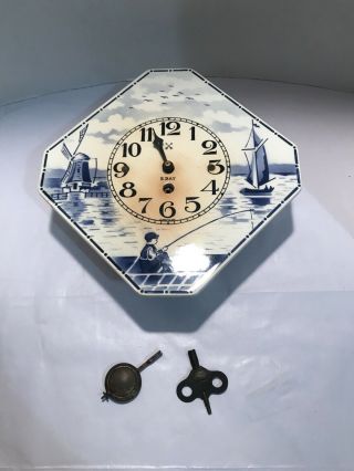 Vintage Delft Porcelain Wall Clock With Pendulum And A Key