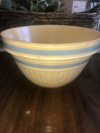 True Vintage Antique Pottery Yellow Ware Bowl Blue Stripe Stoneware 9 1/2”