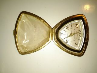 Vintage Travel Alarm Clock 7 Jewels Wind Up Folding Clam Shell Hard Case Germany