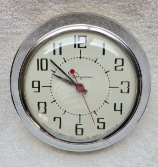 Vtg.  Mid Century Modern Art Deco Ingraham Chrome Kitchen Wall Clock - A Beauty