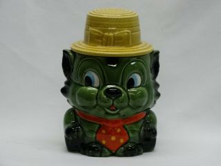 Vintage Ceramic Green Cat W/ Yellow Straw Hat Polka Dot Tie Cookie Jar Japan