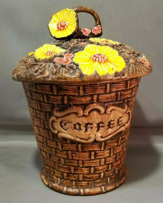 Vintage Retro Treasure Craft Usa Ceramic Coffee Canister 70s Daisy Basket Flower