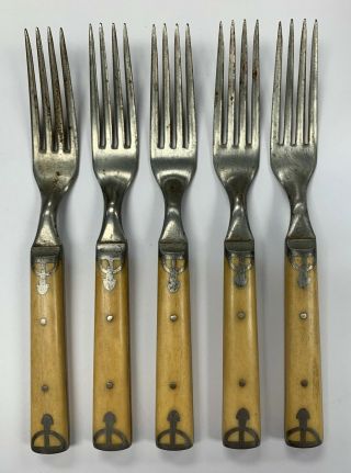 Antique Bone Handle Civil War Forks Set Of 5 Pewter Inlay