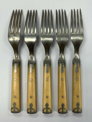 Antique Bone Handle Civil War Forks Set Of 5 Pewter Inlay 3