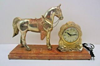Vintage United Self Starting Electric Horse Mantle Clock Bakelite Base