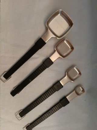 Vintage Copper Coated Aluminum Long Black Plastic Handled Measuring Spoons