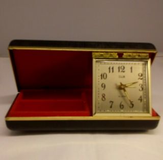 Vintage Elgin Alarm Clock With Black Leather Jewelry Case
