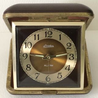 Vintage Linden Travel Alarm Clock Wind Up Brown Gold Snap Close Folding Case