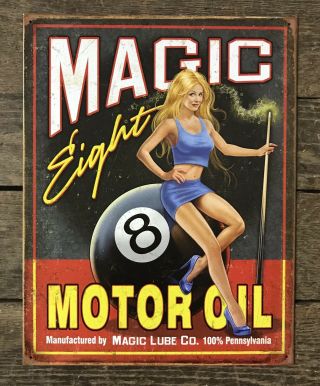 Pin - Up Girl Magic Eight Ball Motor Oil Tin Metal Garage Sign