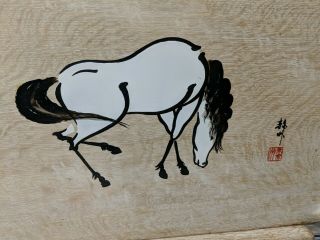 Vintage Japanese Hand - Painted Pale Wood Serving Tray Metal Corners Handled Horse