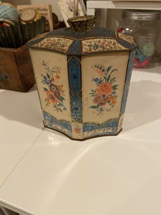 Vintage,  Floral Tin Container - Hexagonal With Lid