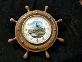 Vintage Wooden Ships Wheel 9 - 1/2 " Wall Clock W/ Moving Windmill Design