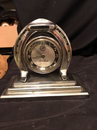 1930’s Deco Chrome “good Luck” Horseshoe Mantel Alarm Clock Lux Clock Co