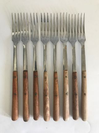 Inox Stainless Forks Teak Handle Fondue Appetizer 9 " Long Set Of 8 Vintage Mcm