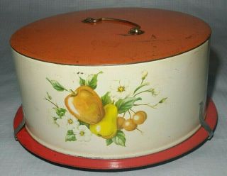 Vintage Decoware Cake Pie Tin Metal Carrier Saver Server Red White / Fruit Decal