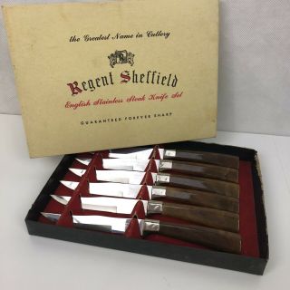 Vtg Mid Century Regent Sheffield 6 Steak Knife Knives Set Serrated Box