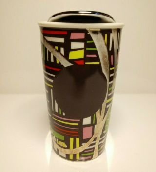 Starbucks 2014 Black Multi Color Ceramic Coffee Tumbler Cup Mug Silver Lid 12 Oz